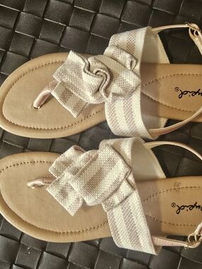 Qupid Cream and Tan Striped Bow Toe-Post Sandals